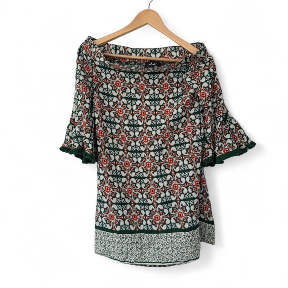 Lulus | Green Geometric Pattern Fringe Off Shoulder Mini Dress Size SMALL - Picture 4 of 7